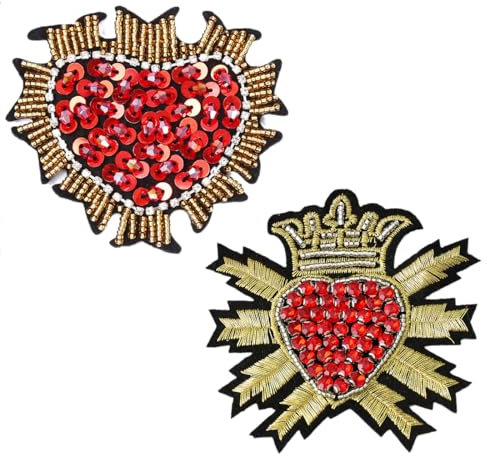 UEIOAVL Aufnäher mit Perlenapplikationen, 2 Stück genähte Patches, Strass-Herz-Abzeichen gewebter Stoff Perlen-Patches für DIY-Kleidungsdekoration (rot)