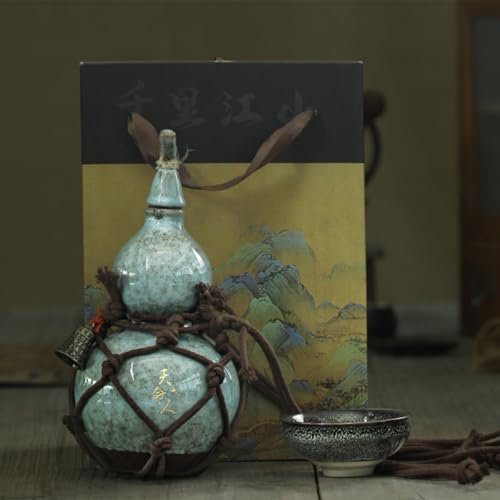 LUNCHS Céramique Bouteille d'eau en Forme de Gourde Fait à la Main Style Chinois Poches en Maille Robuste Durable Réglable Camping(Vert,Set D)