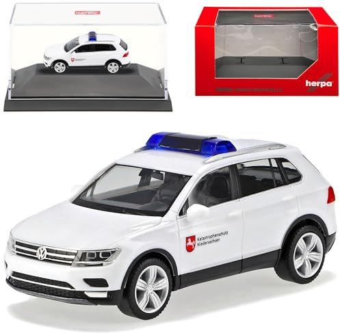 Volkwagen T*i*g*u*a*n II Weiss Katastrophenschutz Niedersachsen 2. Generation 2016-2023 mit Sockel und Vitrine H0 1/87 Herpa Modell Auto mit individiuellem Wu..