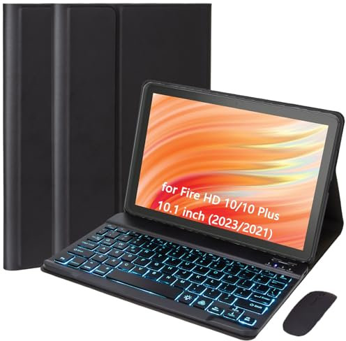 EHLCYS Custodia con Tastiera per Amazon Fire HD 10/10 Plus 10.1 Pollici 2021/2023 (11/13a Gen), Tastiera Retroilluminata Bluetooth Rimovibile A 7 Colori, Custodia Sottile con Supporto con Mouse