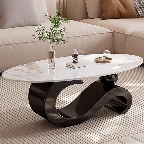 Table Basse Ovale en Pierre avec Base Sphérique en Forme De S - Moderne avec Cadre en Acier pour Petit Appartement Et Salon (Black)
