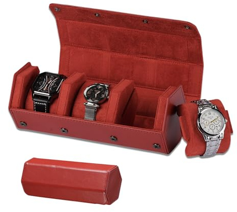 YUKAM 3 Watch Travel Case, Leather Trave Watchl Case for Men and Travel Box, Hexagonal Watch Roll, Accommodating Watches 50mm, Gift Idea (red)