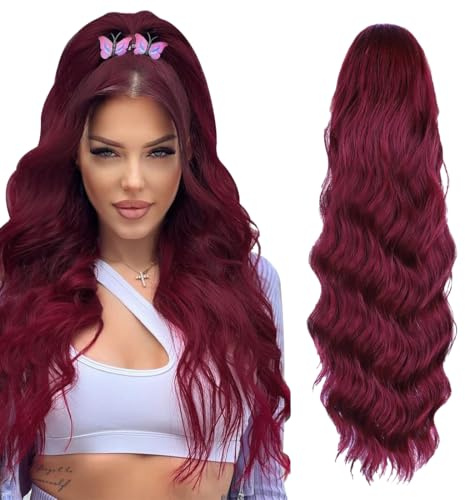 AOWVUTS Gewellt Pferdeschwanz Haarteil Lange Wellig Lockige Haarextension Synthetik Zopf Haarverlängerung mit Kordelzug Pferdeschwanz Verlängerung Haarteil Ponytail Extension für Damen (Rot)