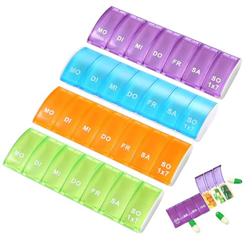 4 Stück Tablettenbox 7 Tage,Tablettenbox,Pillendose 7 tage | Medikamentenbox 7 Tage,Pillendose,Die Medikamentenbox ist Leicht zu öffnen,Praktisch und Bequem