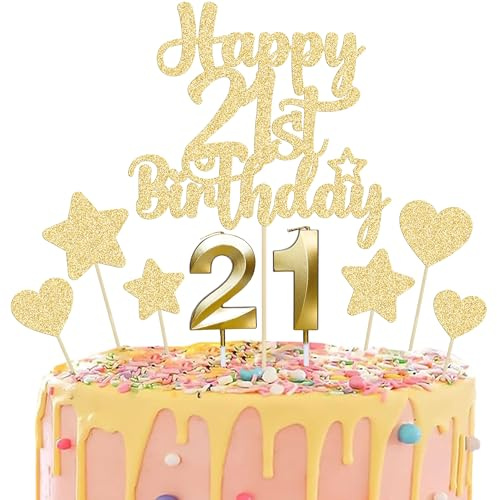 Gyufise 15Pcs Happy 21st Birthday Cake Topper Set with Heart Star Glitter Cheers to 21 Years Cake Picks Number 21 Candles Cake Decorations for Happy 21st Birthday Anniversary Party Supplies Gold
