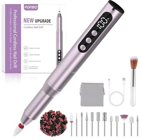POFIBO Torno para Uñas Profesional 35000 RPM USB, Set de Manicura 12 en 1 | Lima electrica uñas Nail Drill recargable, portátil y silencioso para salón, hogar, gel y uñas acrílicas (Púrpura)