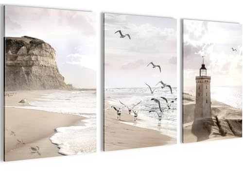 Novart Bilder Set Strand und Meer - KEIN EXTRA RAHMEN BENÖTIGT - Wandbilder für Wohnzimmer Schlafzimmer Büro - 3 Teilig Deko Küste - N040236b