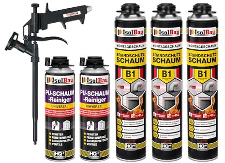 Isolbau - Bauschaum B1 - Montageschaum - PU-Schaum 3 x 750 ml - Pistolenschaum, 2 x PU-Schaum-Reiniger & 1 x Schaumpistole - 1K Brandschutzschaum - Dämmschaum - Abdichtung, Wärmedämmung