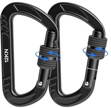 CEYOME Carabiner Clip, 2 Pack Black Locking Aluminium D-Ring Carabiner | Smooth rounded edges, 79.8 x 49 x 14 mm, Backpacks keys and travel, Screw-lock gate reduces accidental opening