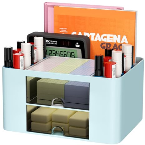 Newpop Schreibtisch Organizer, Multifunktionaler Stiftehalter Schreibtisch, 5 Fächer Büro Stifte Organizer mit 2 Schubladen, Plastik Tisch Stifthalter, Büroorganisation für Zuhause Schule, Blau