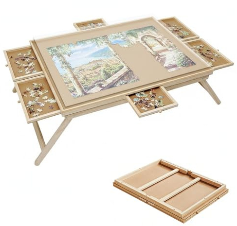 Foldable Jigsaw Puzzle Table,Jigsaw Table 1500 Piece with 6 Drawers | Foldable Wooden Puzzle Board，Portable Puzzle Easel with Folding Legs, Puzzle Tables for Adults