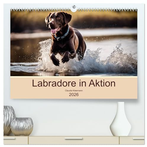 Labradore in Aktion (hochwertiger Premium Wandkalender 2026 DIN A2 quer), Kunstdruck in Hochglanz: Glückliche Labrador Retriever beim Spiel beobachtet (CALVENDO Tiere)