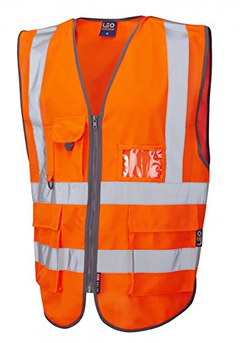 Leo Workwear Barnstaple Hi-Vis Knitted Polyester Zip Front Superior Waistcoat, Large, Hi-Vis Orange