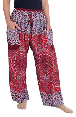 Lannaclothesdesign Damen-Yogahose im Boho-Stil, Kordelzug, gesmokte Taille, Rayon, Haremshose, Burgunder, XX-Large