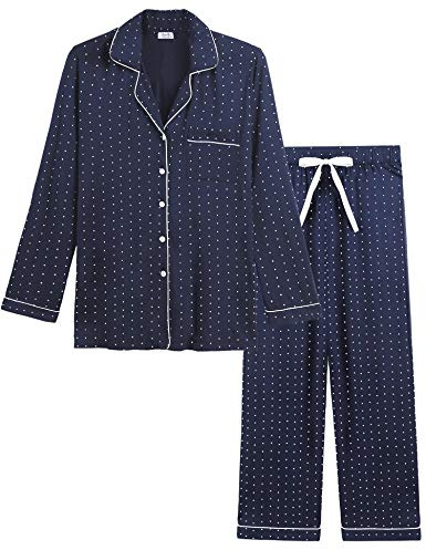 Amorbella Ensemble de pyjama en bambou doux à manches longues boutonné pour femme, Bleu marine à pois., M