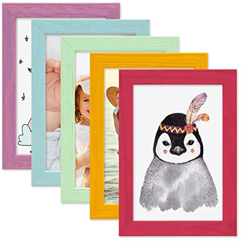 PHOTOLINI Bilderrahmen Kinderzimmer 10x15 cm Bunt, 5er Set Wechselrahmen farbig, Holz, Acrylglas, Made in Germany, zum Aufstellen & Aufhängen, mit Zubehör - für bunte Kinderbilder