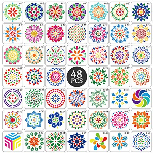 Mandala Schablone Set, 48 Stück Groß wiederverwendbare Laserschnitt Malschablone/Airbrush Vorlage,Mandala Dotting Schablonen für Wand/Stein/Holz Möbel/Malen Vorlagen Kinder.