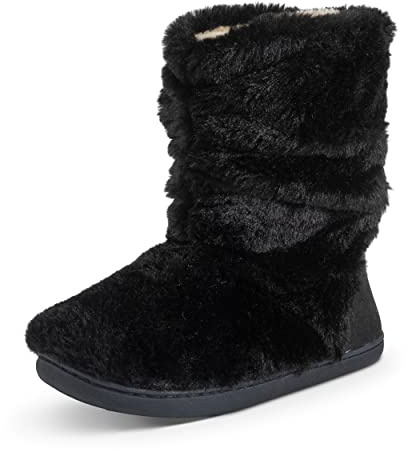 Polar Womens Slipper Boots with Sherpa Lining - Memory Foam Indoor Bootie Slipper with Anti-Slip Rubber Sole - Soft, Warm and Fluffy House Slipper - Ankle Boot Slippers - Black Fur AYC0841/UK6