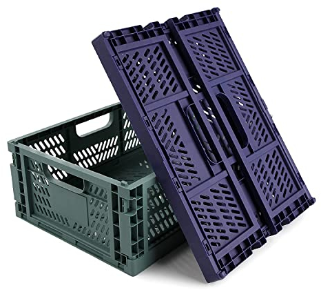 Spesh 2 Pcs Collapsible Crates Storage Boxes Stackable Storage Baskets Plastic Folding Crate Boxes with Handles for Kitchen,Living Room,Office(40 * 30 * 15cm,Blue+Dark Green)