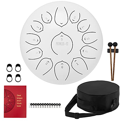 PROMISE-YZ 12 Zoll 13 Tone Tongue Drum, ätherische Trommel Schlagzeug Instrument Hand mit Schlagzeug Schlägel Taschen Tragen, Hand Pan Drum mit Trommelschlägeln Note Sticks für Meditation Yoga (White)