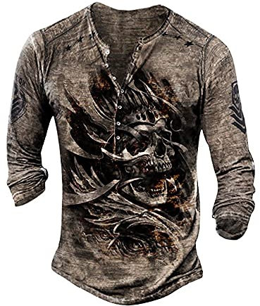 Mens Henely Shirts Vintage Distressed Tops Button Up Blouse Long Sleeve Casual Tee Shirts L Grey Skull