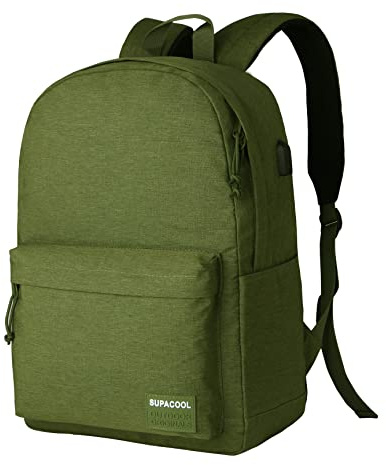SUPACOOL Lightweight Casual Laptop Backpack with USB Charging Port For for Men and Women, Backpack for College,Olive