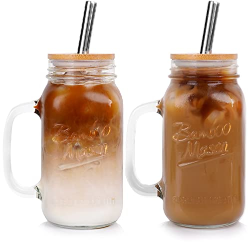 ANOTION Mason Jar with Lid and Straw, 24oz Regular Mouth Mason Jars with Handle Drinking Glasses Tumbler Reusable Boba Cups Smoothie Water Bottles for Iced Coffee