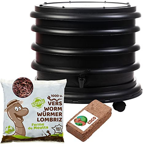 WORMbox | Vermicompostaggio 2 Vassoi Nero + 500g di Vermi Lombrichi / 1000 pz. + 1 Cocco | 32 Litri | Compost di Rifiuti Organici Compostiera Vermifuga Lombricompostiera | Lombrichi = Humus lombrico