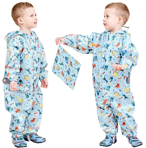 FILOWA Enfant Imperméable à Capuche Bébé Garçons Combinaison de Pluie Respirant Léger Randonnée Vestes Réfléchissante Rayure Imperméables 1-3 Ans, Bleu