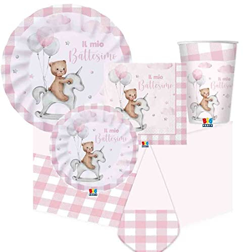 irpot kit n.42 per 16 persone battesimo teddy bear rosa bambina decorazioni piatti carta piatti dessert bicchieri tovaglioli pink party festa battezzo bimba pastello scacchi