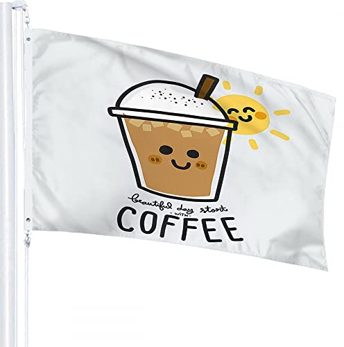 Kaffee-Flagge, 1,2 x 1,8 m, niedliches Cartoon-Sonnenschein-Gekritzel, schöner Tag beginnt mit Kaffee, Outdoor-Flaggen, große Willkommens-Hof-Banner, Hausgarten, Hof, Rasendekoration, braun-weiß