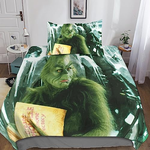 How The Grinch Stole Christmas Bettwäsche Set Mit Weiche Mikrofaser,Kinder Jugendliche Erwachsene Christmas Geek 3D Gedruckte Bettbezüge Weiche Bettbezug Und Mit Reißverschluss Kissenbezug Single(135x