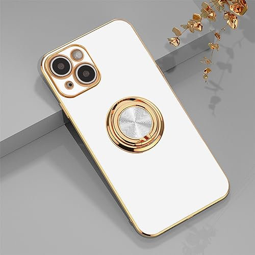 EYZUTAK Electroplated Magnetic Ring Holder Case for iPhone 15 Plus, 360 Degree with Rotation Metal Anti-fall Finger Ring Holder Magnet Car Holder Slim Soft Silicone Shockproof Cover - White