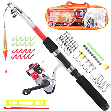 Q-Tac - Angelset für Kinder [Fertig montiert & Angelrolle bespult] Teleskop-Angelrute 165 cm, Kinderangel sofort einsatzbereit, Angel Set komplett (Rot