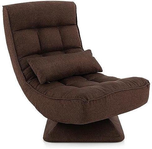 COSTWAY 4-Position Adjustable Floor Chair, Padded Lounge Chair with Swivel Base, Steel Frame, Lumbar Pillow, Foldable Gaming Floor Chair for Meditating, Reading, Resting, No Assembly (Brown)