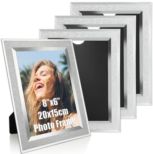 AHAQU 4PCS 8x6 Inch Glass Photo Frames, Silver Glitter Photo Frame | Mirrored Crystal Picture Frame, Freestanding Photo Frames for Home Decoration, Office Display, Gifts