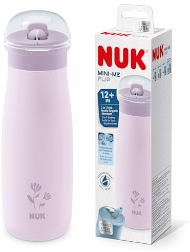 Vaso NUK Mini-Me Flip para niños pequeños con pajita | 12+ meses | 500 ml | Botella de agua de acero inoxidable para niños | Boquilla endurecida a prueba de fugas | A prueba de roturas | Flor lila