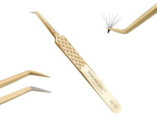 NAGARAKU Pince Fibre Cils Volumineux Greffage Pince à Épiler Précision Professionnelle Poignée Antistatique Antidérapante Or Acier Inoxydable Curved Tweezer pour Créer des Fleurs de Cils (45° AG-07)