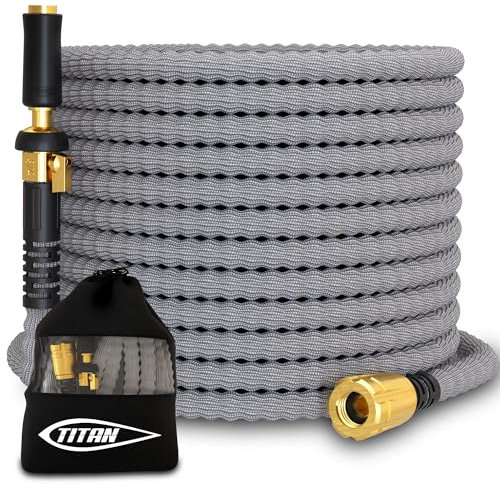 TITAN Flexible Garden Hose 30FT – Ultra Lightweight, Heavy Duty Water Hose with Brass Fittings & Jet Nozzle – Kink-Free, Non-Expanding, Durable Fabric Hose for Yard, Lawn, Car Wash, Outdoor Use