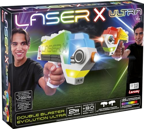 Lansay - Laser X Double Blaster Evolution Ultra - 2 Joueurs - Dès 6 Ans | Tir Sans Fil à Deux - 20 Couleurs au Choix et Cibles Intégrées - Portée de 90 Mètres - En Intérieur comme en Extérieur