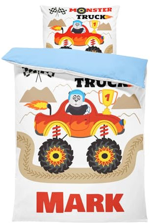 Pictogogo Personalisierte Baby Bettwäsche mit Monstertruck - 135x200cm, Wählbare Unterfarbe aus Baumwolle, Kinderbettwäsche Mit Namen, Babybett Komplett Set Mit Reißverschluss