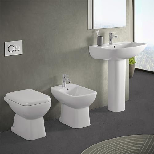 Set sanitari tradizionali con wc bidet e lavabo con colonna 60 cm, in ceramica bianco lucido con copriwater originale incluso, serie GINEVRA