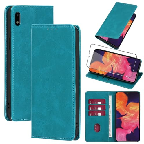 Vauki Hülle Leder für Samsung Galaxy A10 Handyhülle mit 1 Schutzfolie, Standfunktion Kartenfach Wallet Schutzhülle Flip Case Cover Stoßfeste Klapphülle für Samsung Galaxy A10 6.2,Hellblau