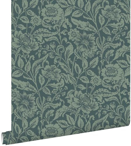 papier peint fleurs vintage bleu foncé et vert grisé 53 cm x 10.05 m - ESTAhome