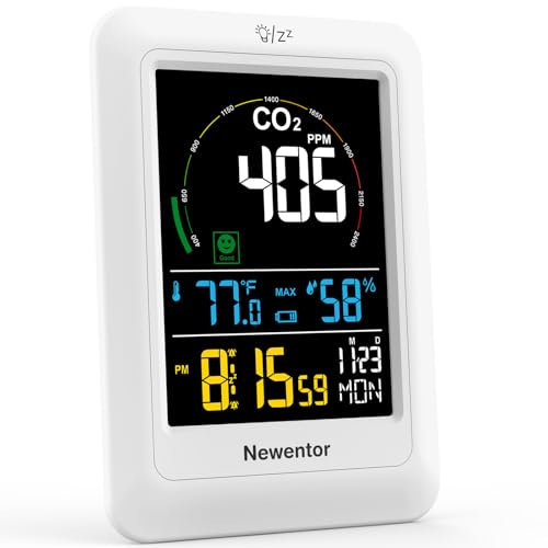 Newentor CO2 Messgerät, 4 CO2-Konzentrationsstufen mit Alarm und Lüftungsempfehlungen, Batteriebetrieb & USB-Anschluss mit 3 Helligkeitsstufen, für Schulen, Büro, Wohnzimmer, NDIR, Weiß, 1er Pack