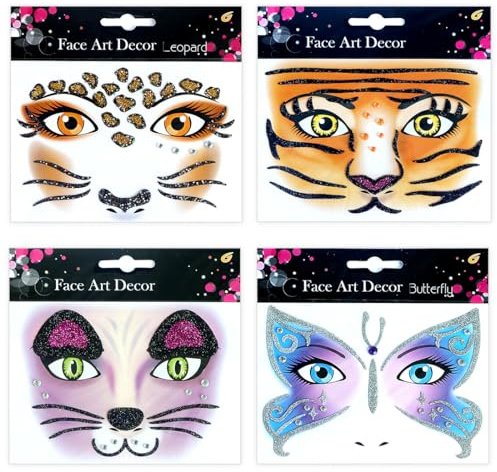 4 Stück Gesichtstattoo Leopard, Schmetterling Face Art Sticker, Tiger Temporäre Tattoo Gesicht, Katzen Tattoo Gesicht, Leoparden Kostüm Damen Zubehör für Karneval, Halloween, Kinder und Erwachsene