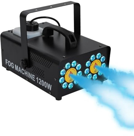 Machine à fumée 1200 W - Double buse - Machine à fumée avec télécommande et 18 LED RVB - Équipement effet de scène - Pour Halloween, spectacles en direct, fêtes, mariages, concerts, Noël
