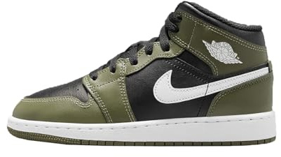 Air Jordan 1 Mid Big Kinderschuhe, Schwarz/Medium Olive/Weiß, 6.5 Big Kid