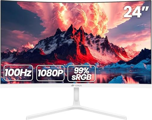 CRUA 24 Zoll Curved Monitor,Homeoffice Bildschirm FHD (1920×1080p) 100Hz Computer Bildschirm,99% sRGB-Farbraum,Blaulichtfilter,Desktop PC Monitor (HDMI+VGA),Weiß
