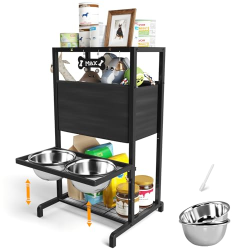 Elevated Dog Bowls, Height Adjustable Raised Dog Bowl Stand (3.5'' to 11''), Multifunctional Lifted Dog Bowl Holder with Pet Food Organizer for Large Medium Small Dogs, Black